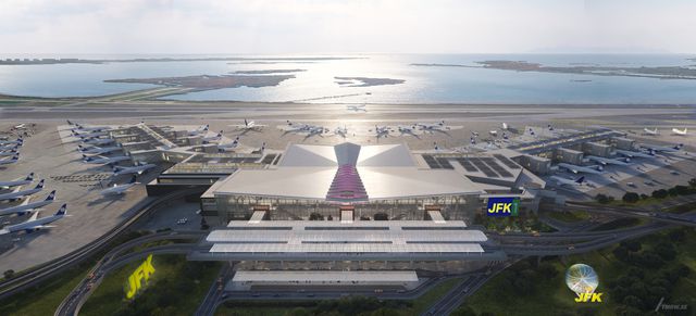This rendering shows an exterior view of the New Terminal One departures and arrivals hall and frontage.